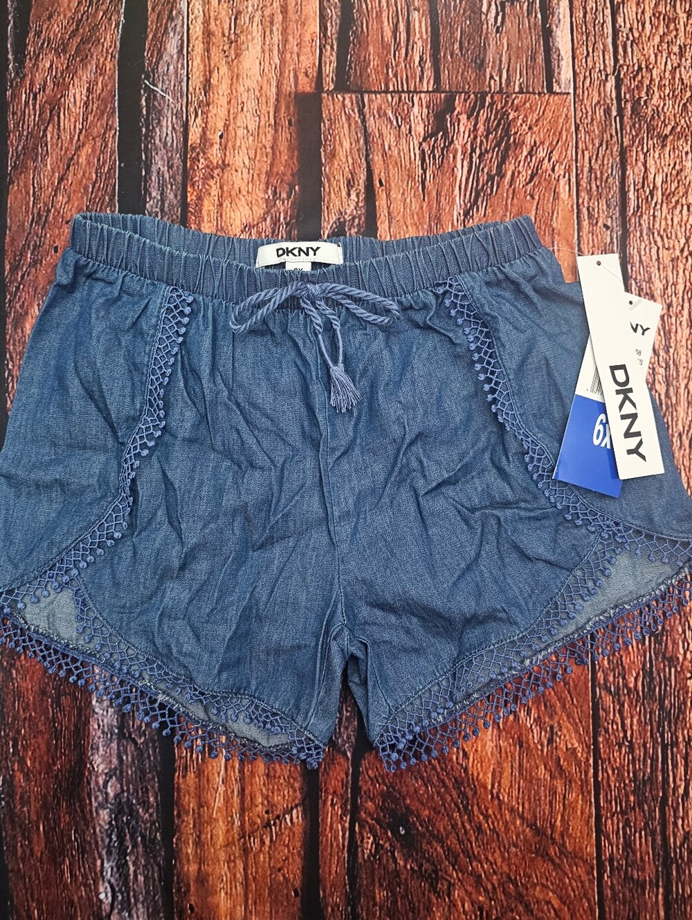 Designer girls 6x clothes DKNY Blue Denim Pull-On Shorts with Lace Trim